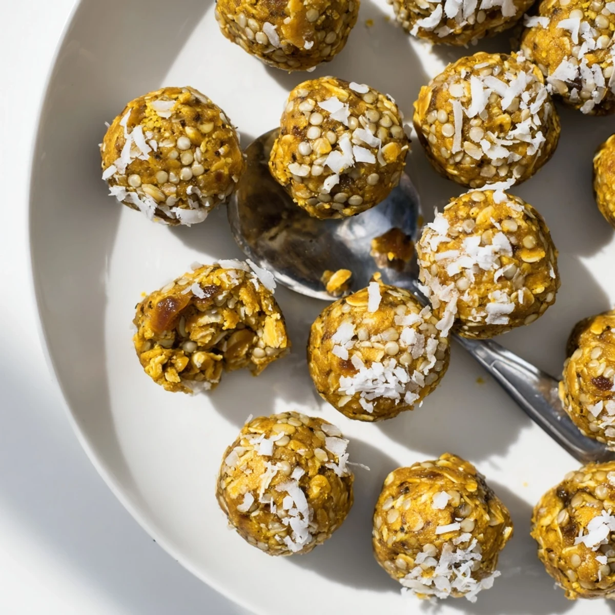 Ginger Turmeric Energy Balls arranged on a plate with fresh ginger and turmeric roots.