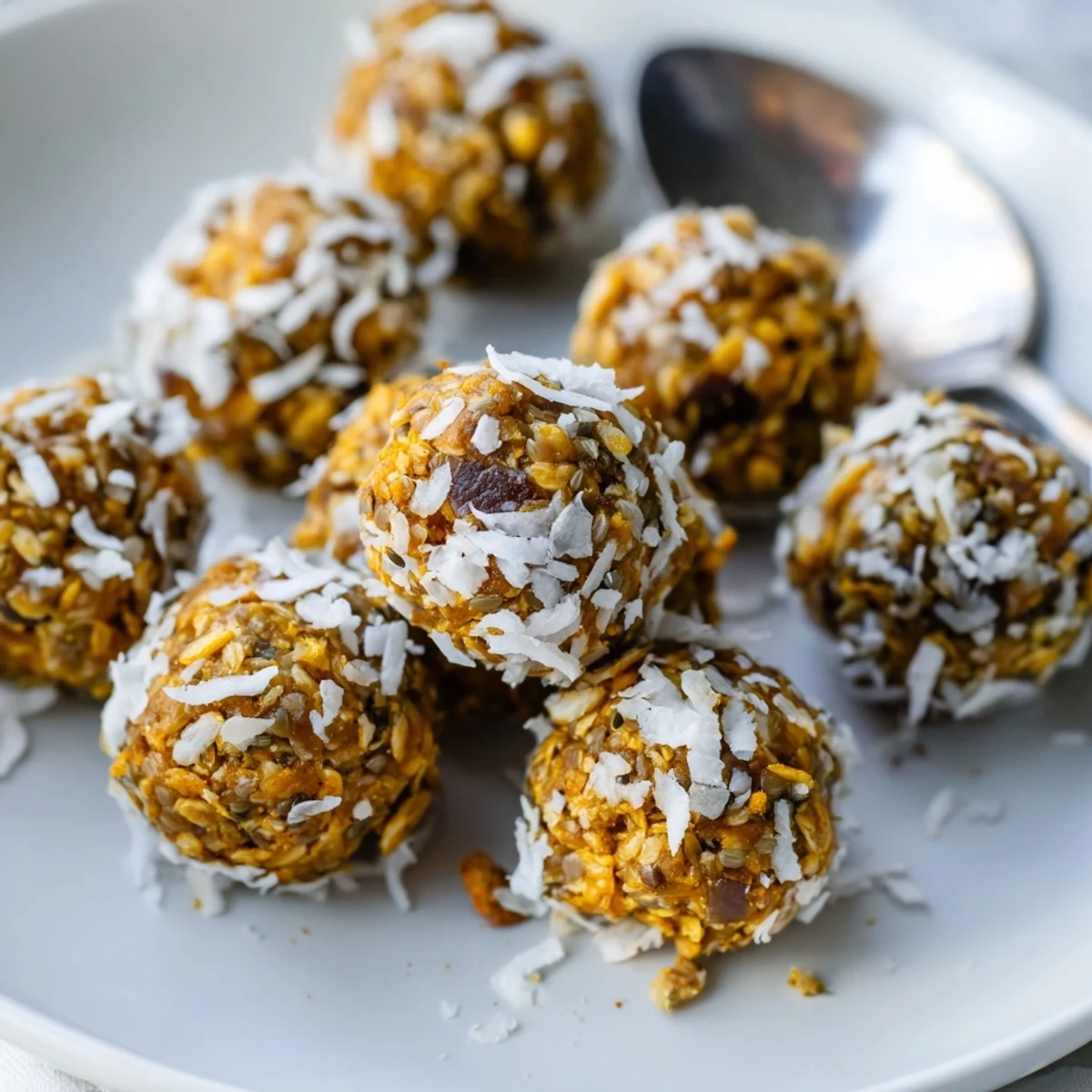A close-up of no-bake Ginger Turmeric Energy Balls coated in shredded coconut.