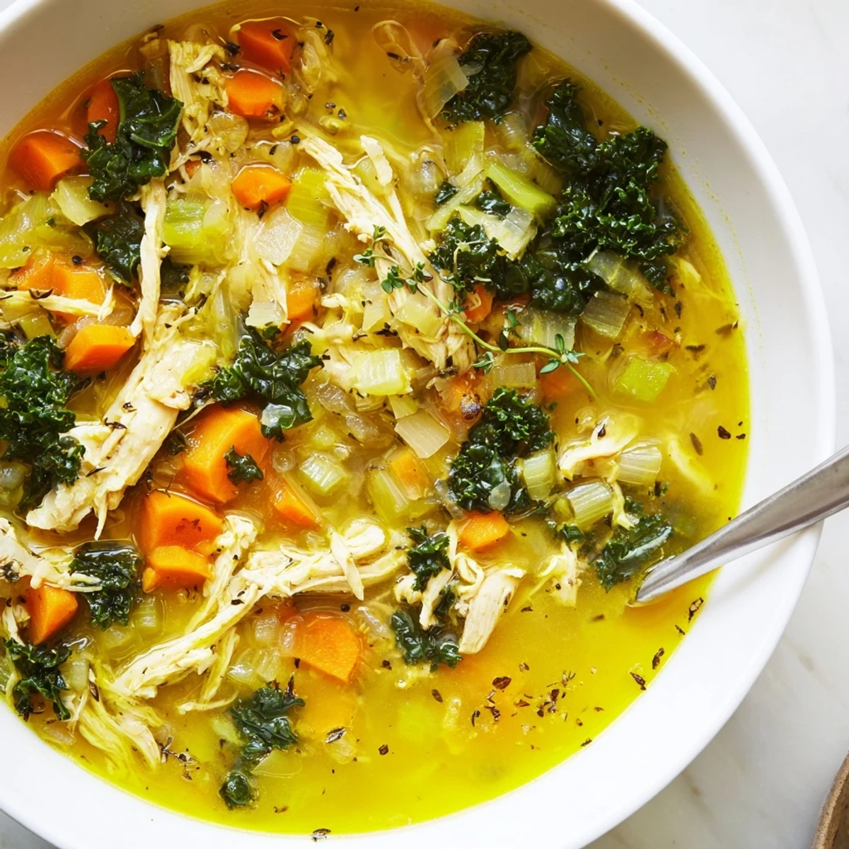 Close-up of High Protein Lemon and Turmeric Chicken Soup with bright turmeric color, carrots, celery, and lemon zest for a healthy meal.