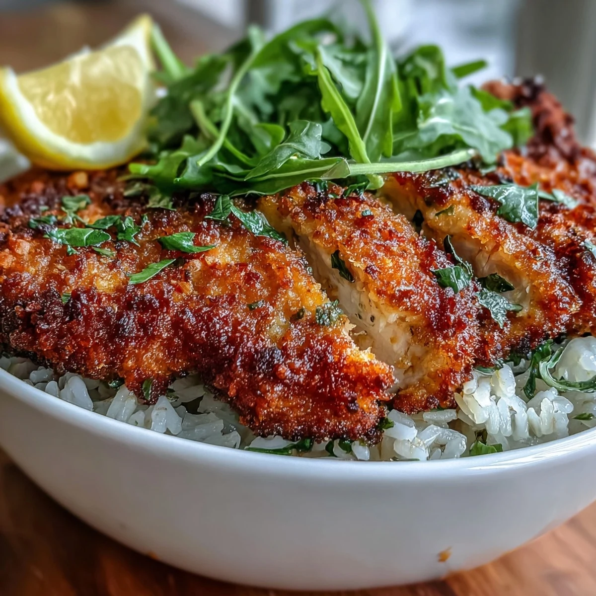 Crispy Parmesan Chicken Cutlet Bowl showcases golden-brown chicken cutlets over fluffy rice with bright arugula and a lemon wedge.