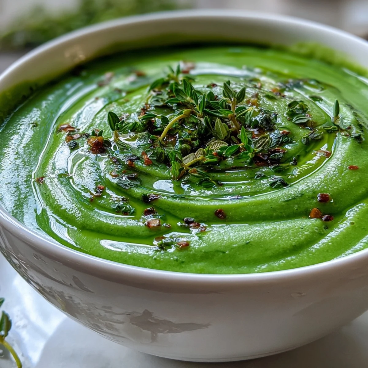 Vibrant Big Green Immunity-Boosting Vegetable Soup steaming hot, garnished with fresh greens.
