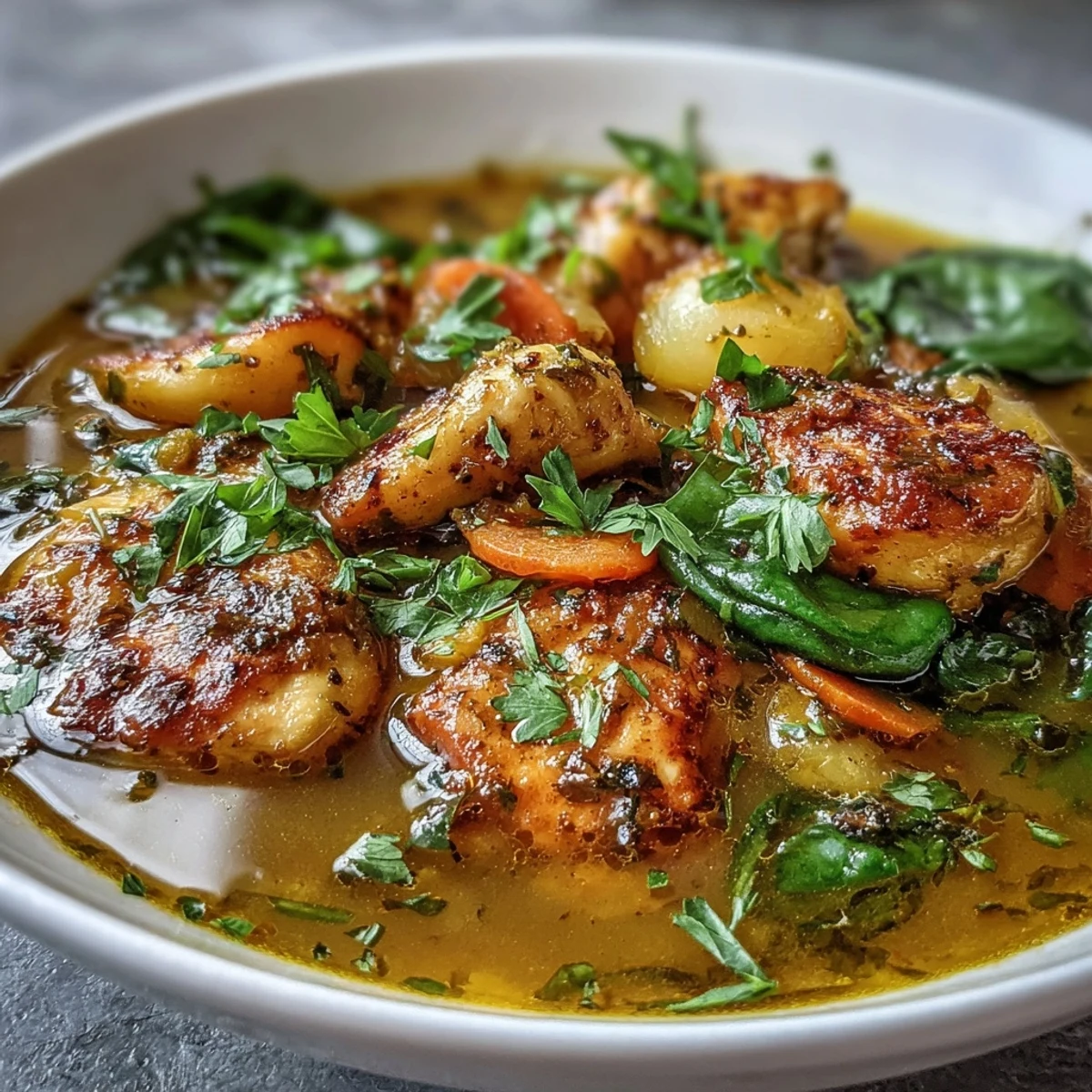 Turmeric Chicken Soup simmers in a rustic pot, its bright yellow broth dotted with carrots, celery, and aromatic ginger.  
