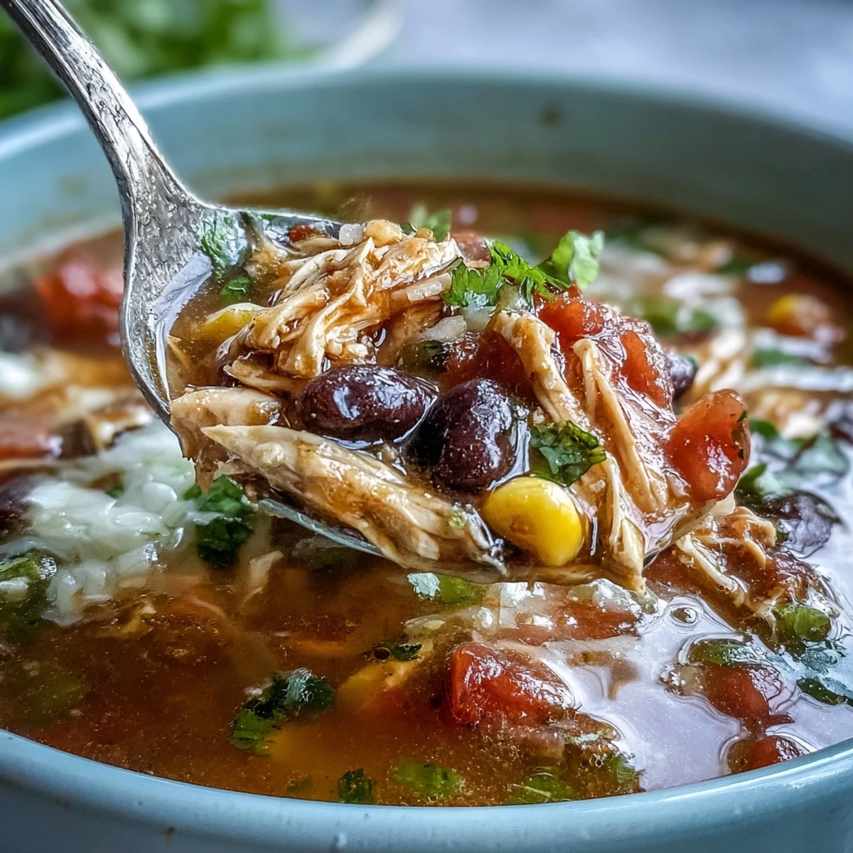 A close-up of Southwestern Turkey Soup in a rustic bowl, topped with fresh cilantro, diced avocado, and crumbled tortilla chips.