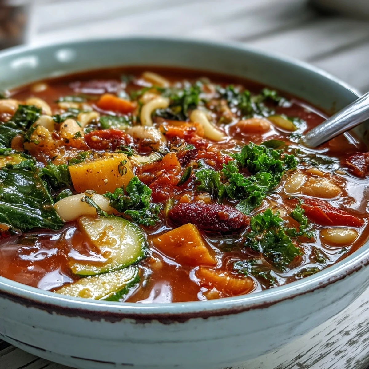 Hearty Winter Minestrone Soup garnished with parsley and Parmesan cheese.