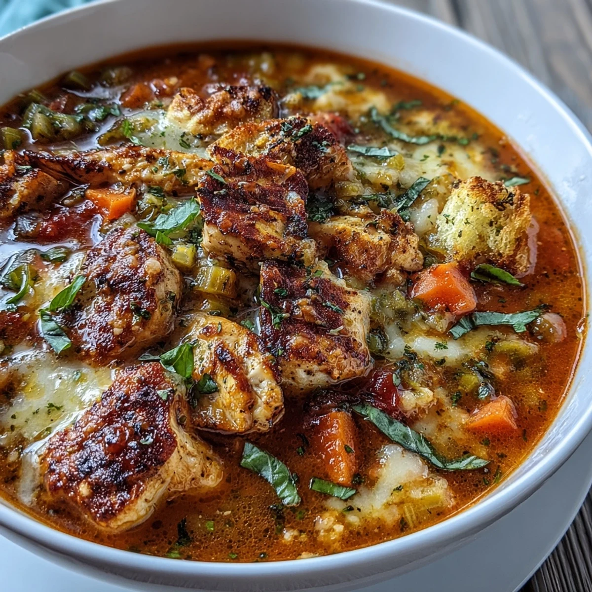 Hearty bowl of Grilled Chicken Parmesan Soup with melted cheeses and fresh basil garnish.