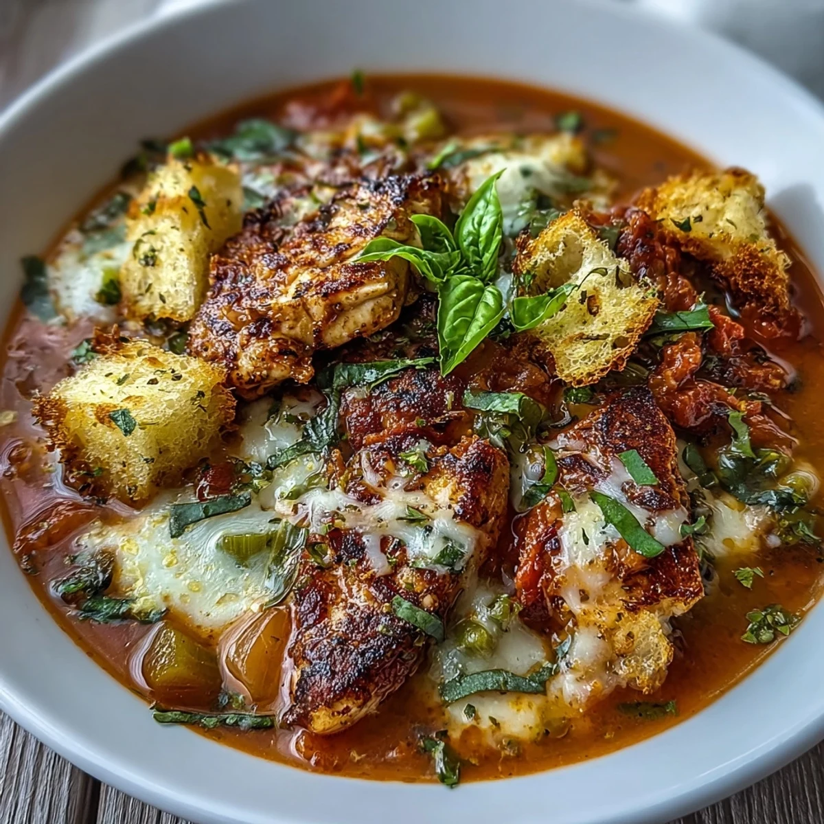 Steaming Grilled Chicken Parmesan Soup served with garlic croutons on a rustic table.