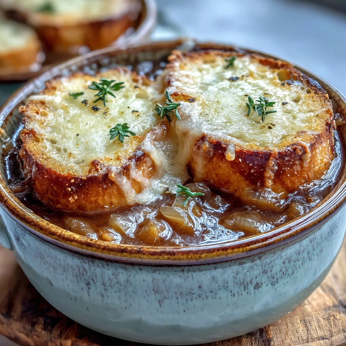 Golden caramelized onions simmered in a rich beef broth inside a hot Dutch oven, ready for the broiler.
