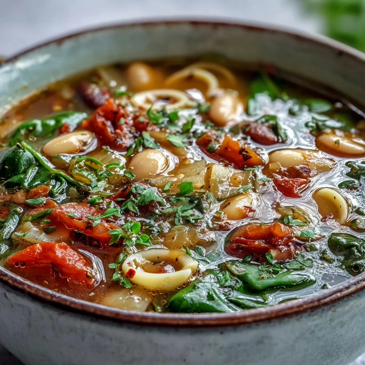 A comforting bowl of Minestrone Soup garnished with fresh parsley and served alongside crusty bread for dipping.