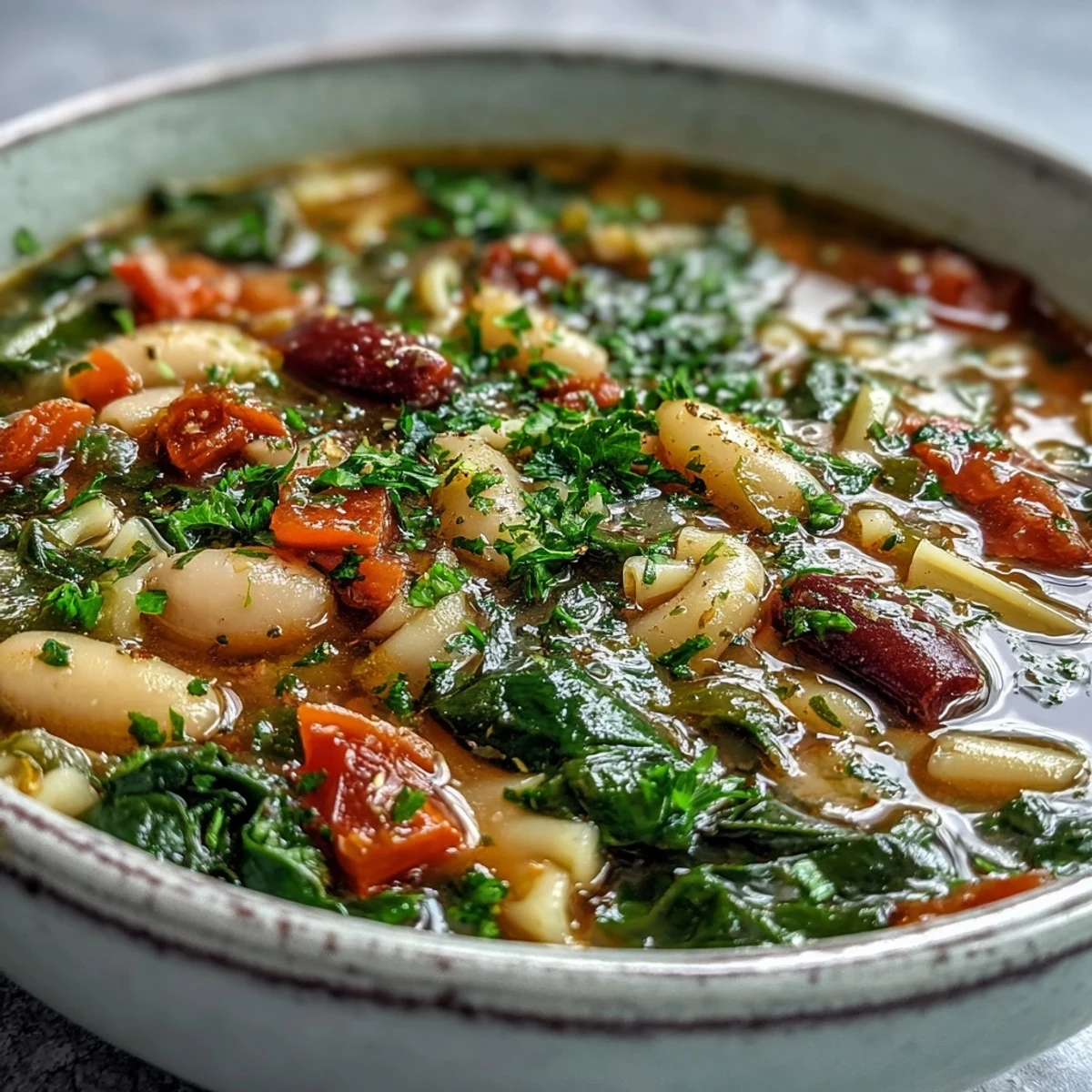 Hearty homemade Minestrone Soup in a rustic bowl, ready to be enjoyed as a wholesome vegetarian meal.
