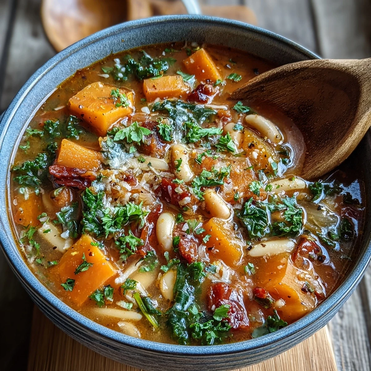 A close-up of Winter Minestrone Soup With Butternut Squash and Kale in a rustic bowl, garnished with fresh parsley and Parmesan.