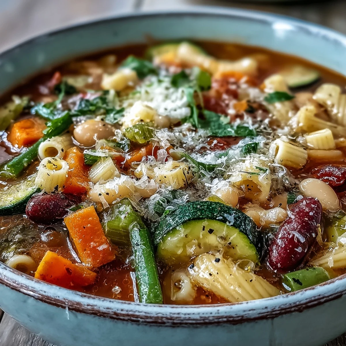 A close-up of hearty Minestrone Soup brimming with fresh vegetables and creamy beans, ready to serve with crusty bread.