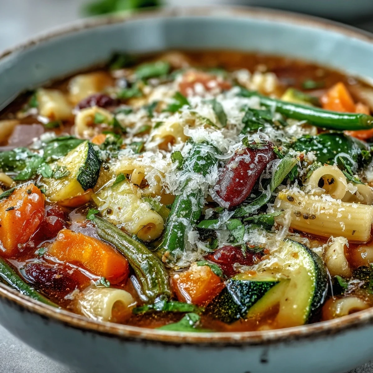 Classic Italian Minestrone Soup simmering in a pot with vibrant carrots, zucchini, and beans for a cozy dinner.