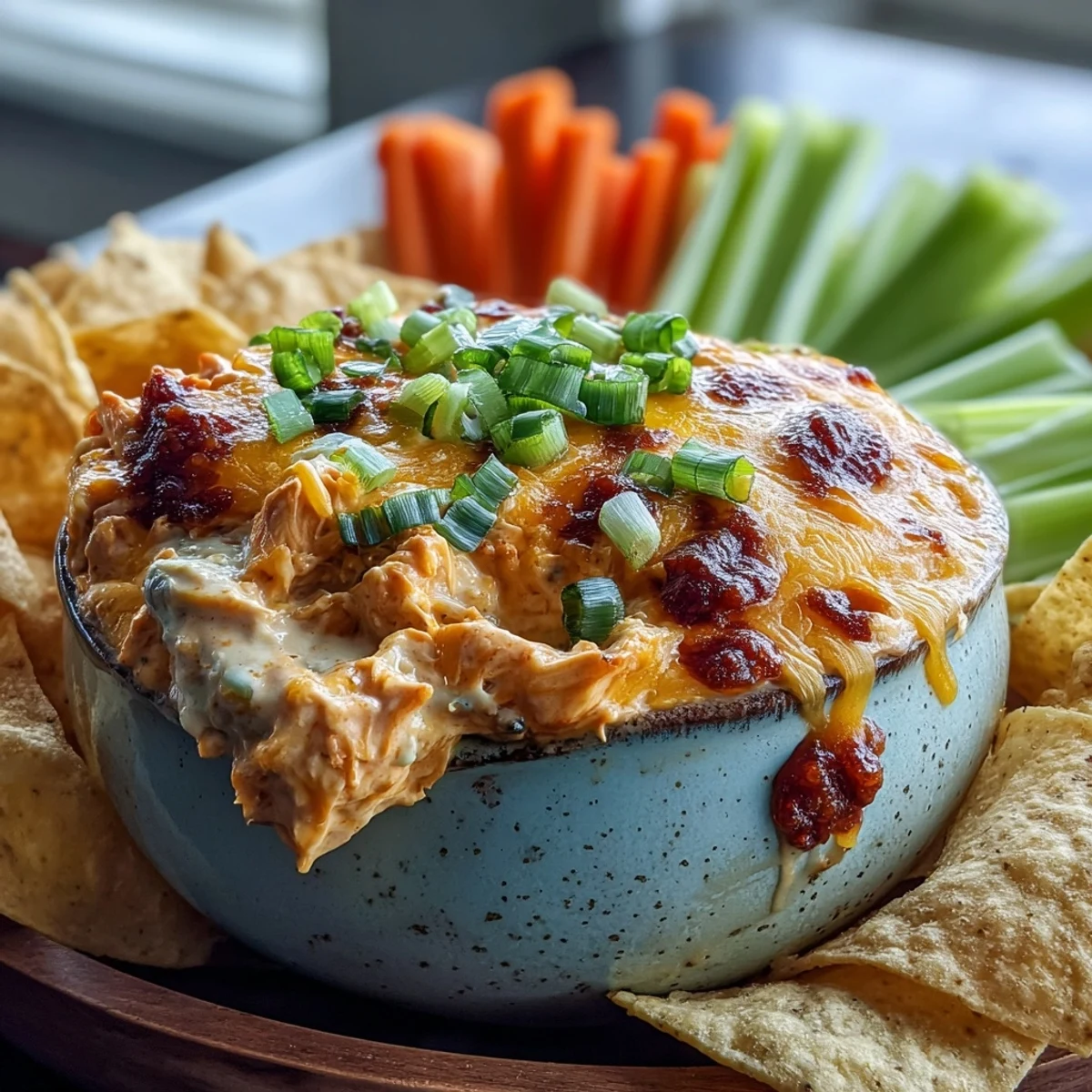 Steaming Crock Pot Buffalo Chicken Dip in a slow cooker, topped with melted cheese and scallions, perfect for game day.  