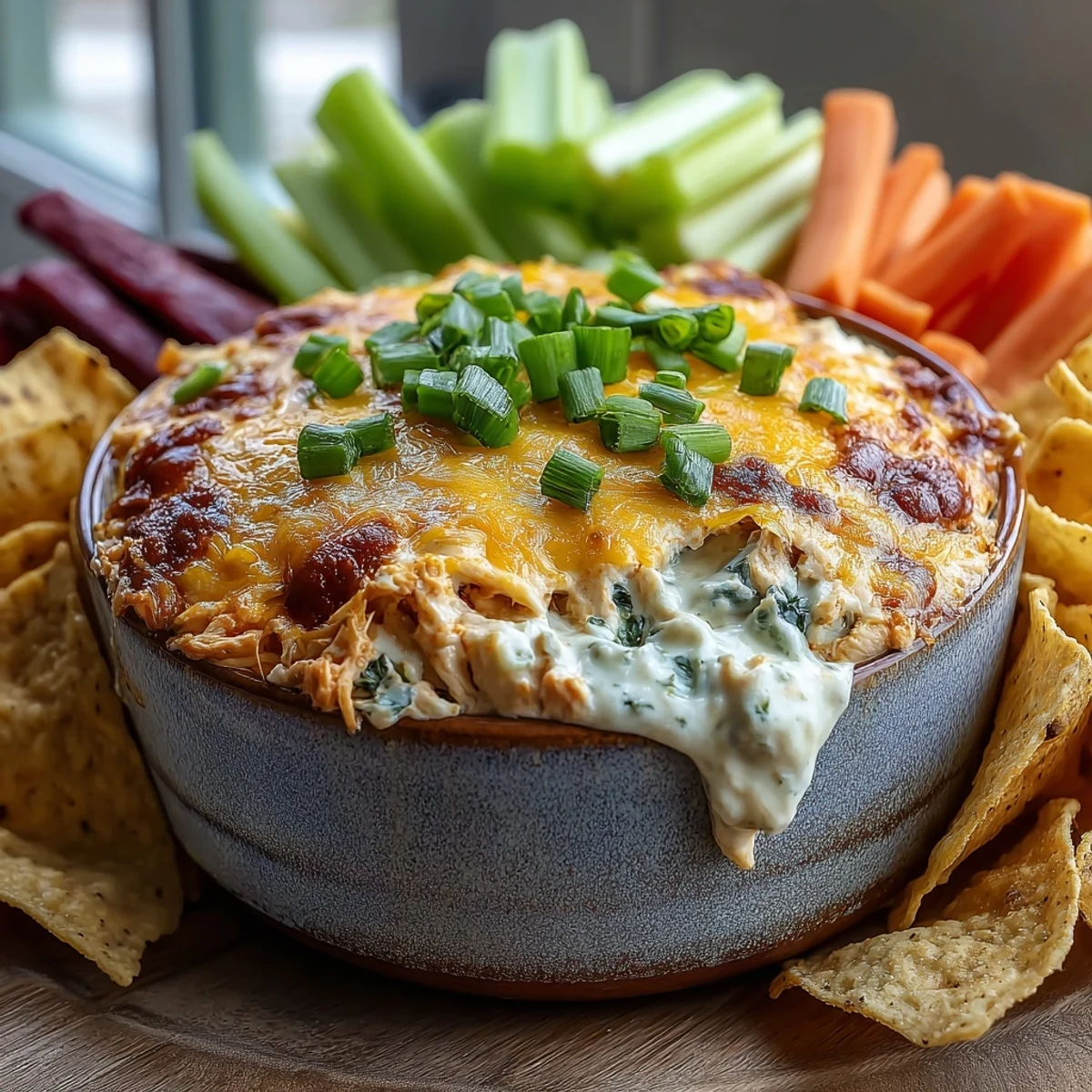 Hot Crock Pot Buffalo Chicken Dip with a golden, bubbly cheese top, served with celery sticks for dipping.
