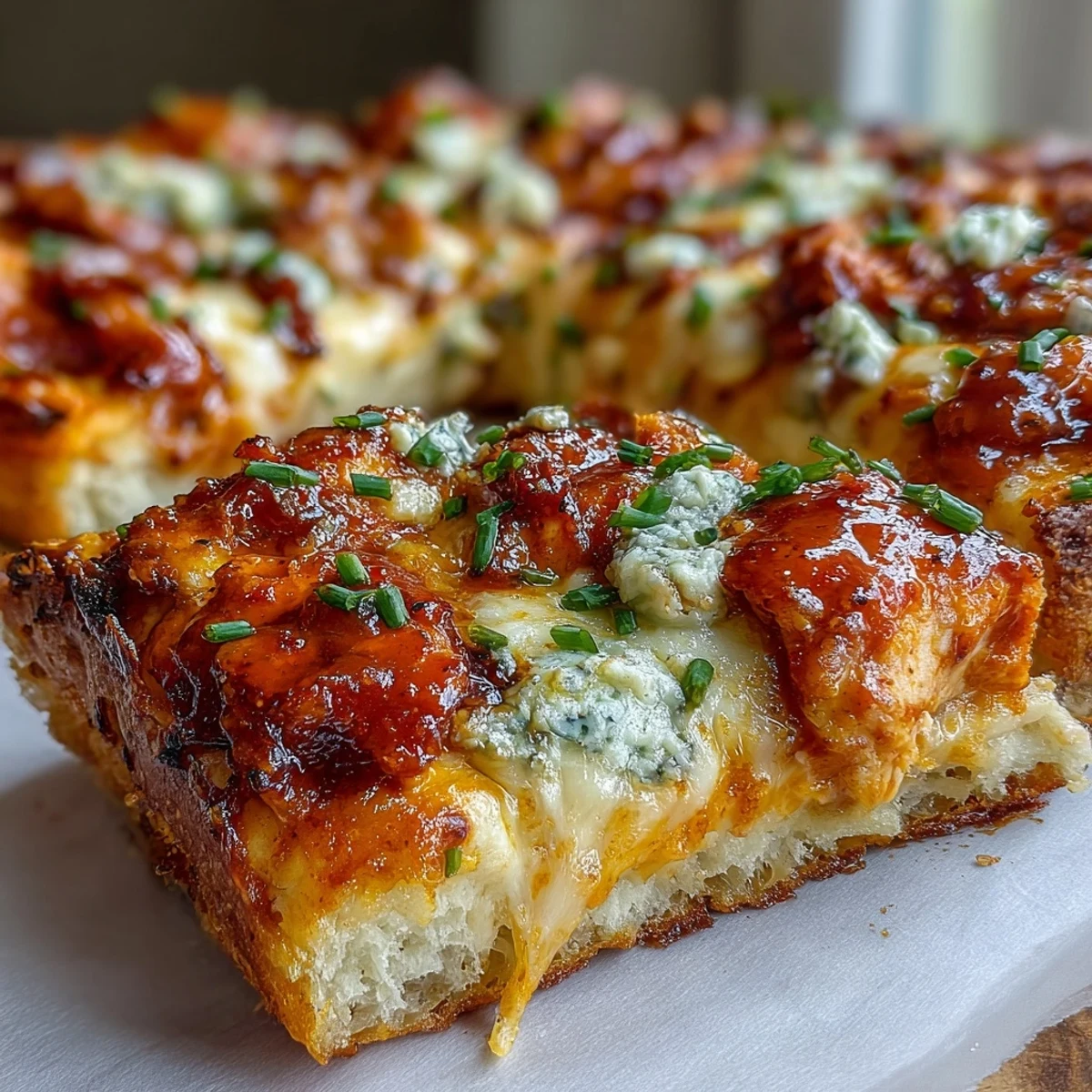 Golden-brown Buffalo Chicken Pizza fresh from the oven, featuring melted mozzarella and cheddar over spicy shredded chicken and ranch sauce on a crispy crust.  