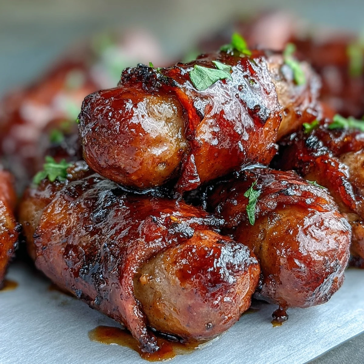 Golden brown cocktail sausages simmering in a glossy, sticky barbecue and apricot glaze inside a crock pot. 
