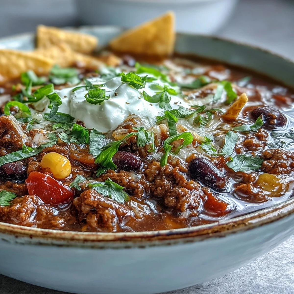 A steaming bowl of hearty Taco Soup, filled with seasoned ground beef, black beans, corn, and diced tomatoes, topped with shredded cheddar cheese and sour cream.