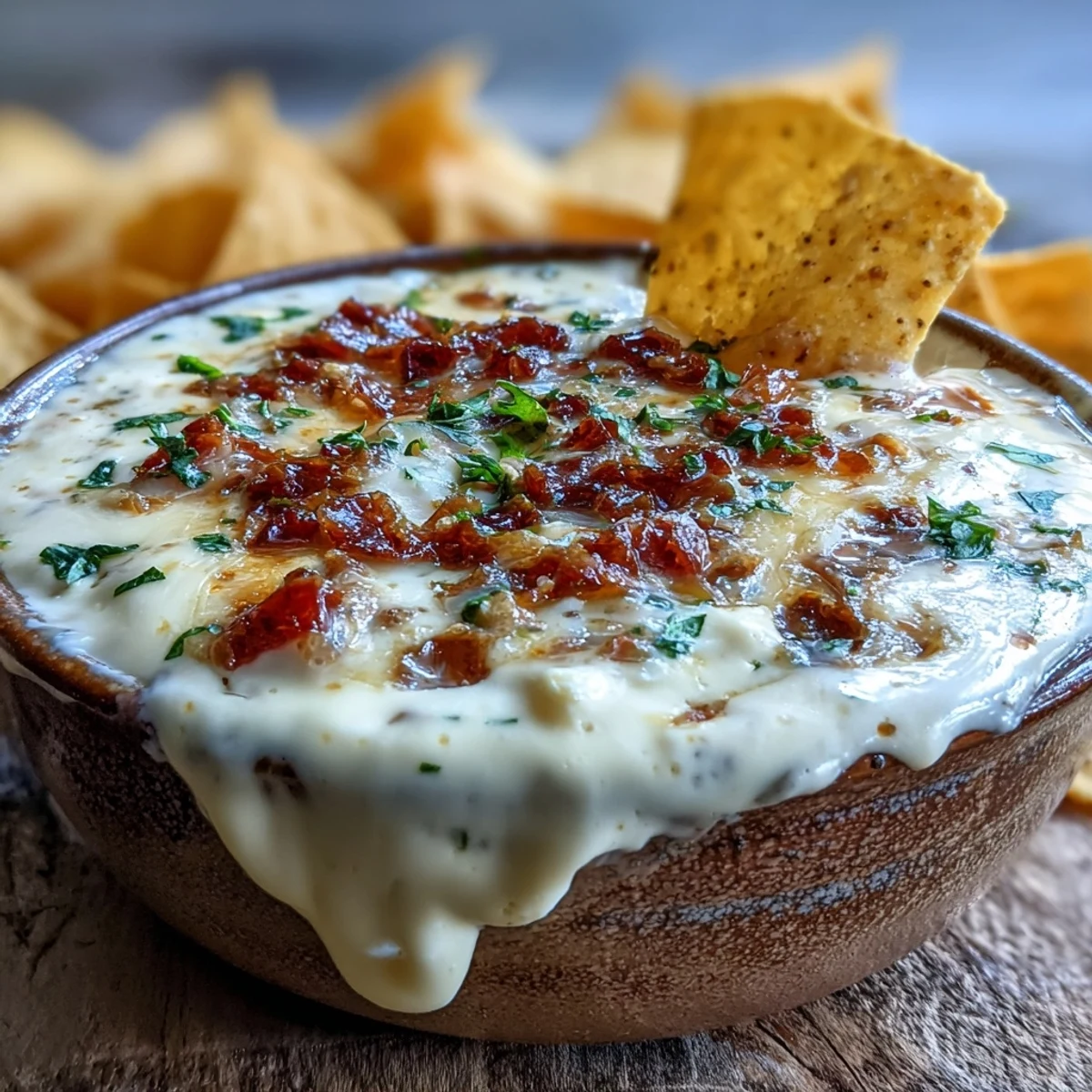 Creamy queso dip with diced jalapeños and fresh cilantro is served warm in a bowl with tortilla chips for dipping.