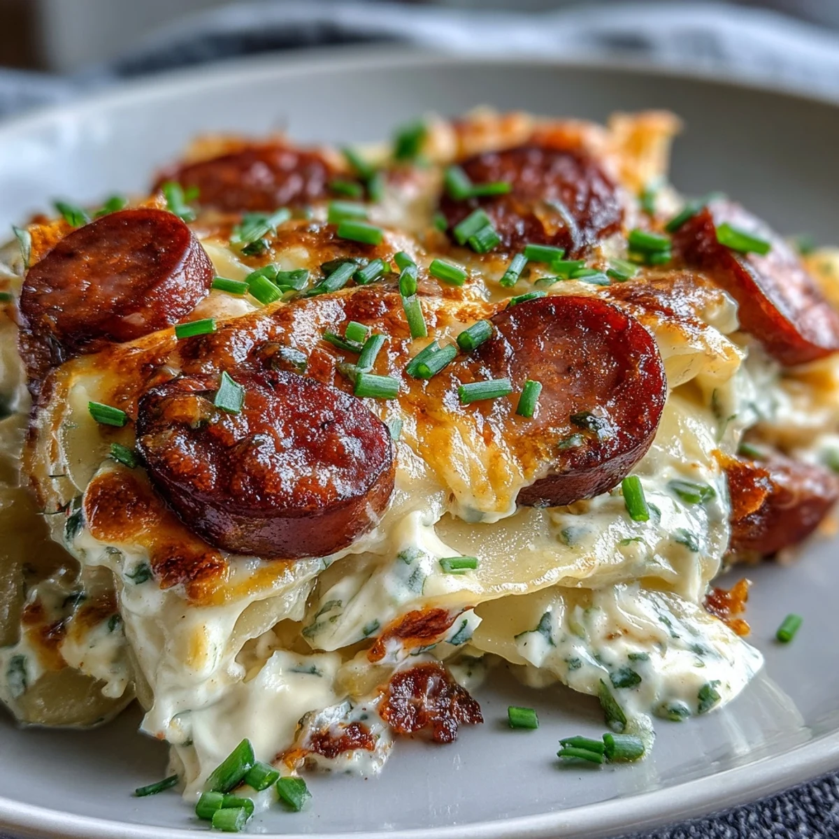Slow-cooked Crockpot Pierogi Casserole with Kielbasa, bubbling with creamy cheese sauce and topped with fresh chives.