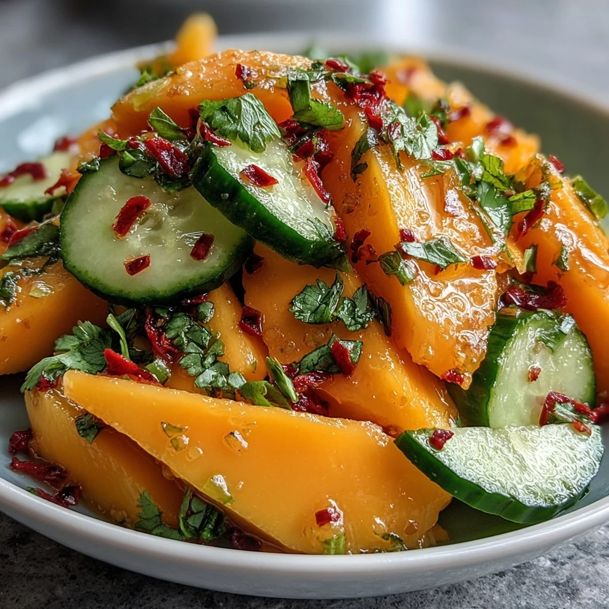 Fresh mango ribbons and vibrant vegetable slices are arranged in a white ceramic bowl. A drizzle of glossy, citrusy lime dressing coats the ingredients, highlighting glistening mango and specks of chili and cilantro. A small spoon lifts a portion, showing off the juicy texture and bright, sweet-tangy colors of the dish. 
