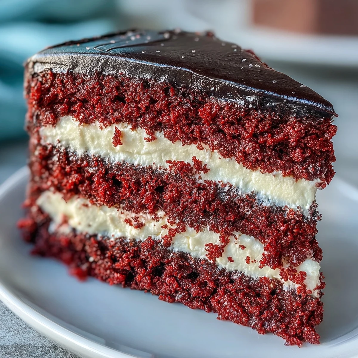 A slice of the Betty Boop Cake reveals a tender red crumb paired with tangy cream cheese frosting, ready to be served.