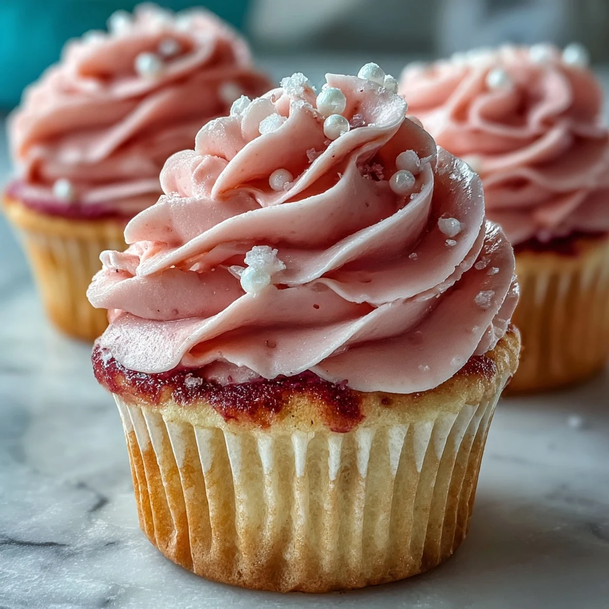 Freshly baked Pink Velvet Cupcakes with swirls of vanilla buttercream frosting are displayed on a wire cooling rack.