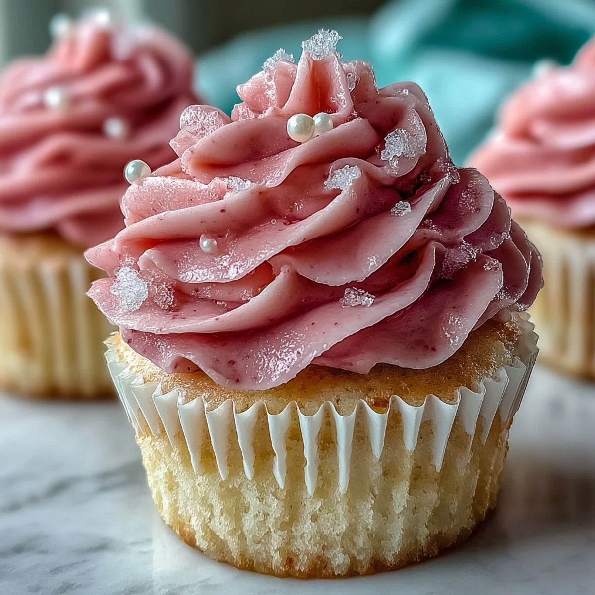 Soft pink velvet cupcakes topped with creamy vanilla buttercream frosting and edible pink sanding sugar.
