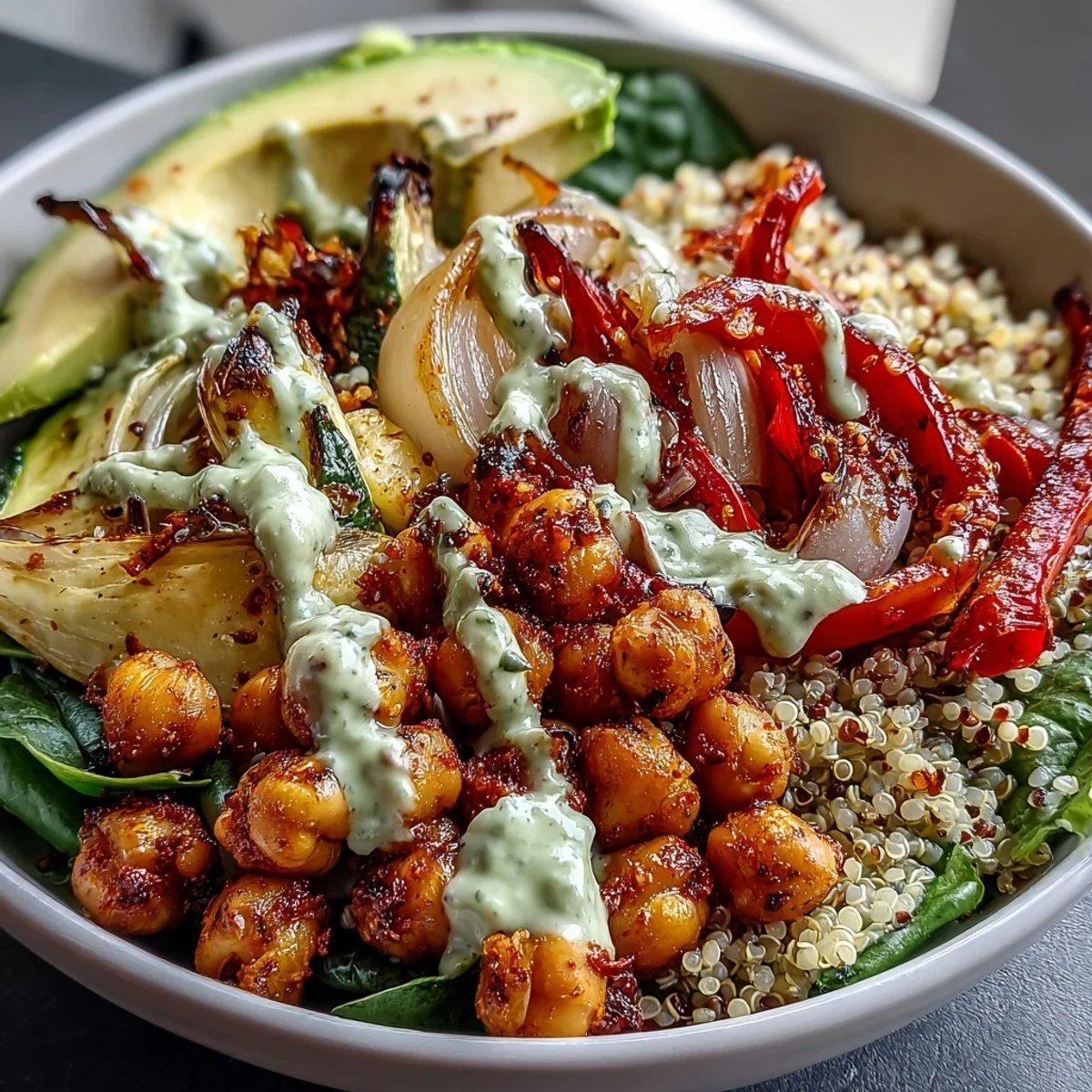 Crispy roasted chickpeas, quinoa, and roasted veggies make this Roasted Chickpea Power Bowl perfect for a vibrant lunch.