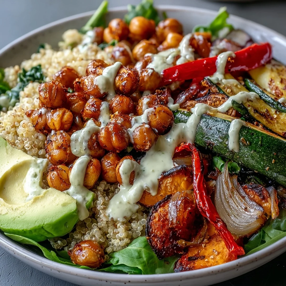 A close-up of Roasted Chickpea Power Bowl with creamy tahini dressing and avocado slices over a bed of fresh spinach.