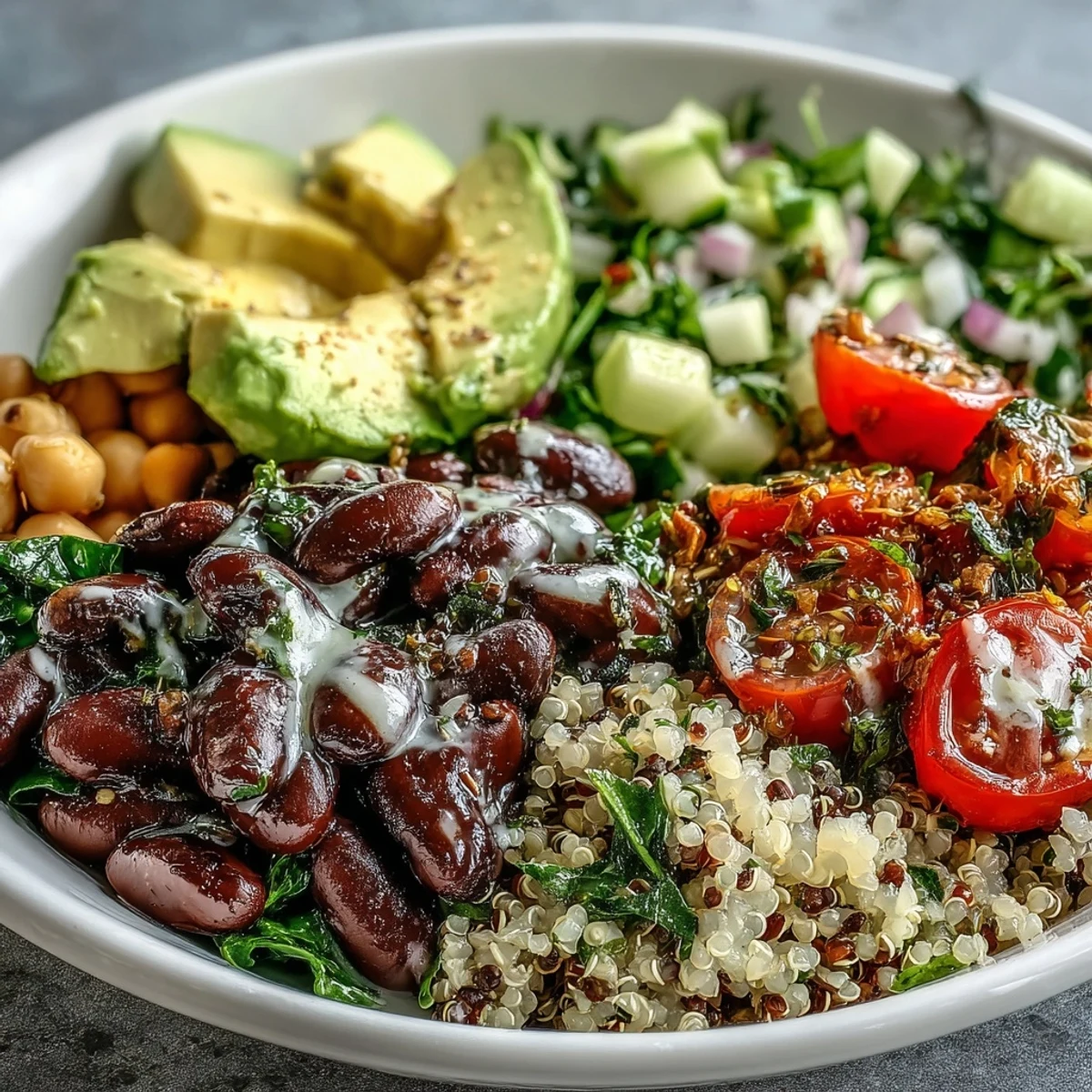 Colorful Three-Bean Power Bowl garnished with cherry tomatoes, cucumbers, and cilantro, ready for a healthy lunch or dinner.