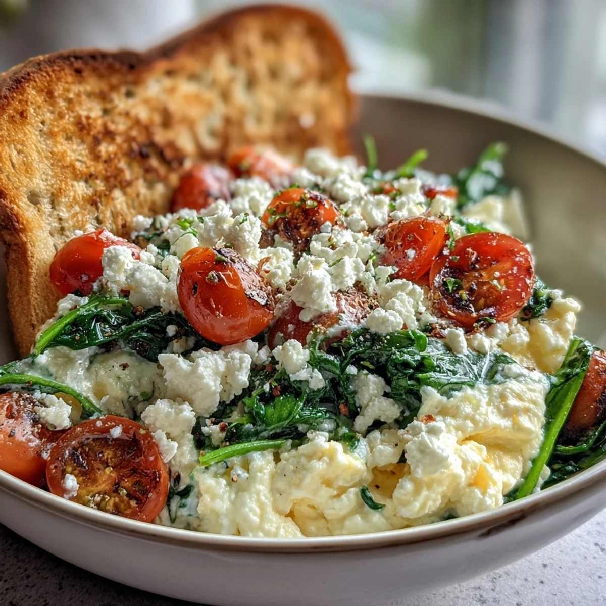 A healthy Spinach and Feta Breakfast Bowl served with toasted whole grain bread and fresh cherry tomatoes.