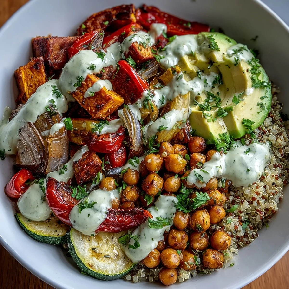 A vibrant chickpea power bowl topped with creamy avocado, tomatoes, and toasted pumpkin seeds.