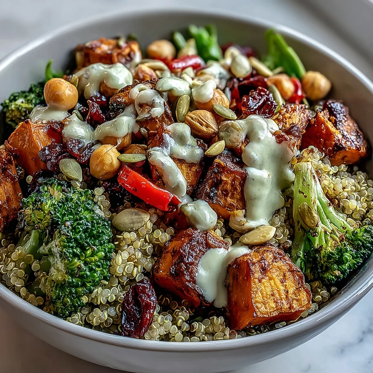 A close-up side shot showcases the hearty Meal Prep Week-Long Power Bowl topped with crunchy almonds and a creamy tahini drizzle.