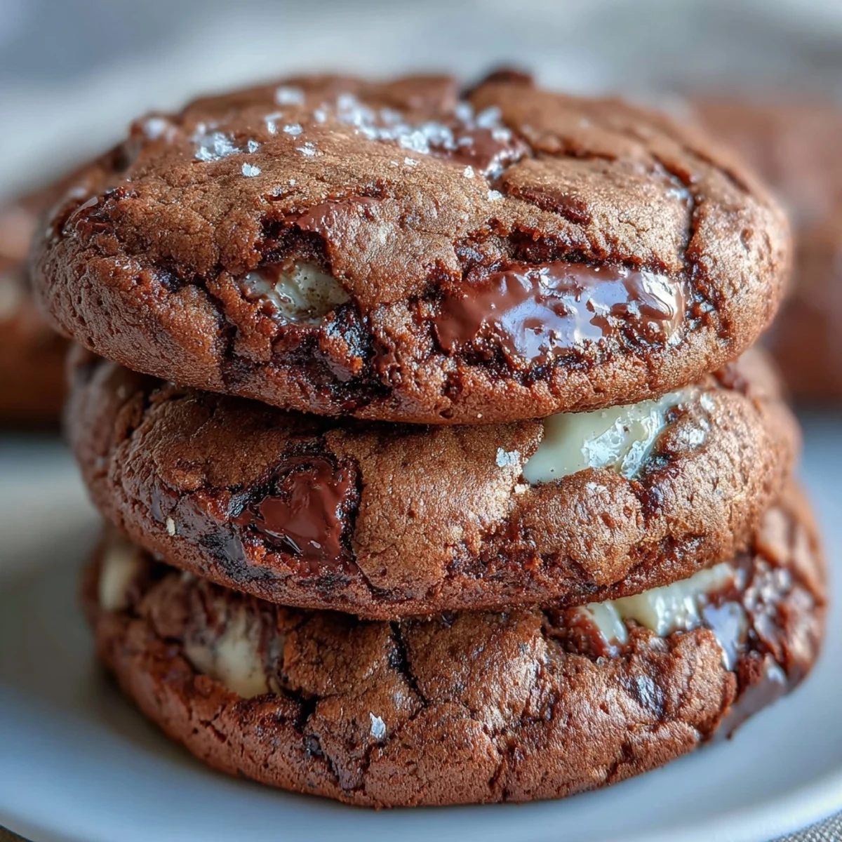 Stack of golden-edged Hojicha Brownie Cookies on a small plate, ready to serve with a glass of milk.