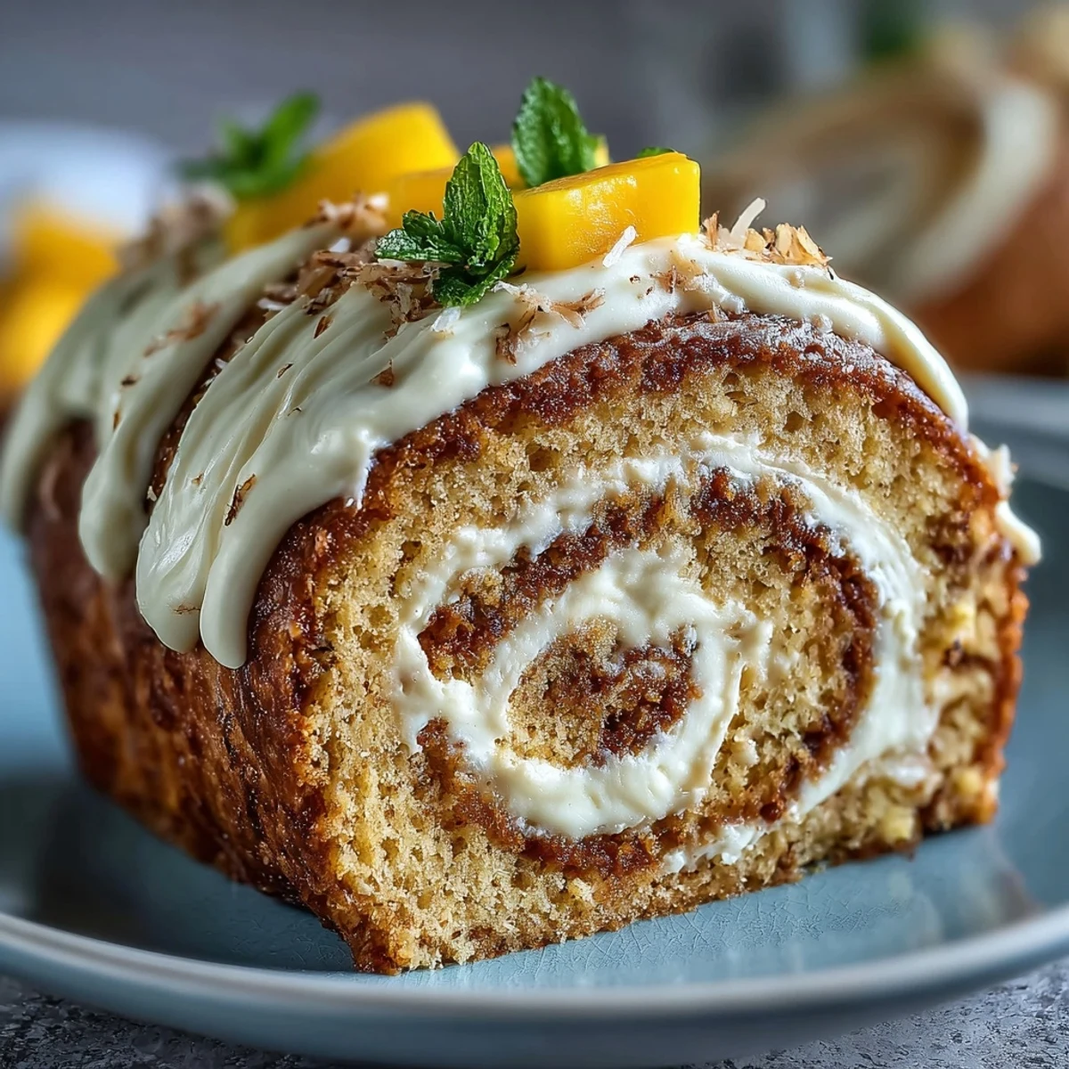 Freshly sliced Hojicha Roll Cake reveals spiraled layers of roasted green tea cream and vibrant mango strips on a marble board.