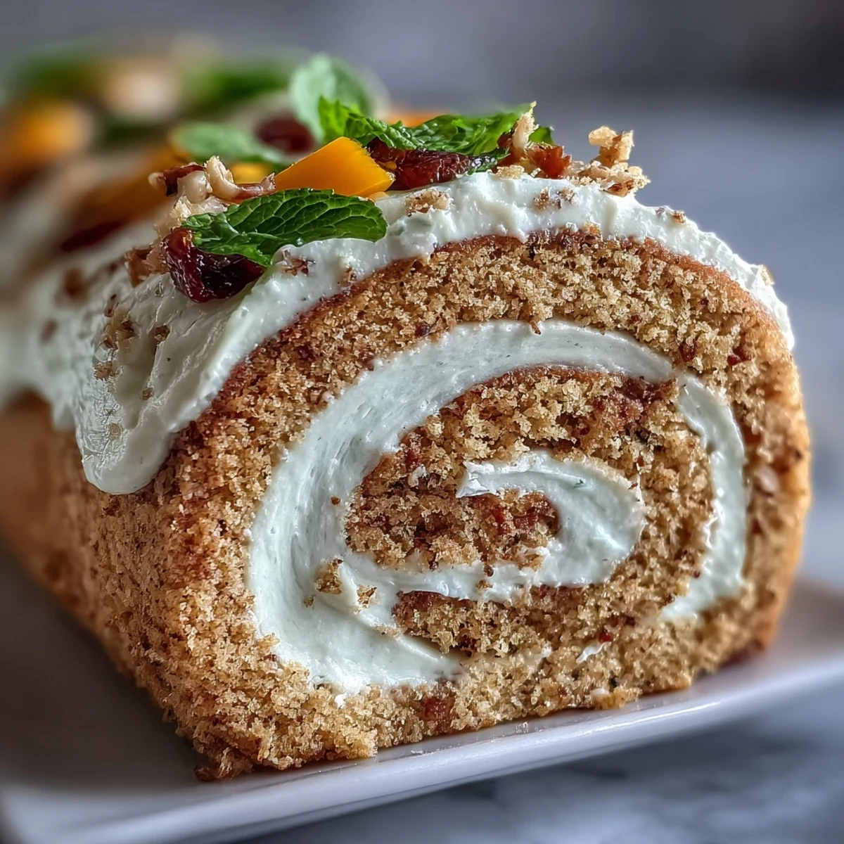 Soft Hojicha Roll Cake with whipped roasted tea cream and thin mango strips, resting on parchment beside a cup of tea.