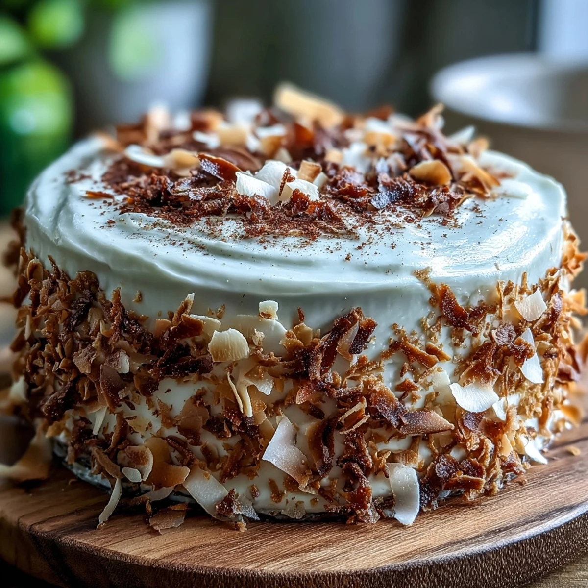 Moist layers of Vegan Hojicha Latte Cake with creamy coconut frosting and a toasted coconut garnish on a rustic wooden table.