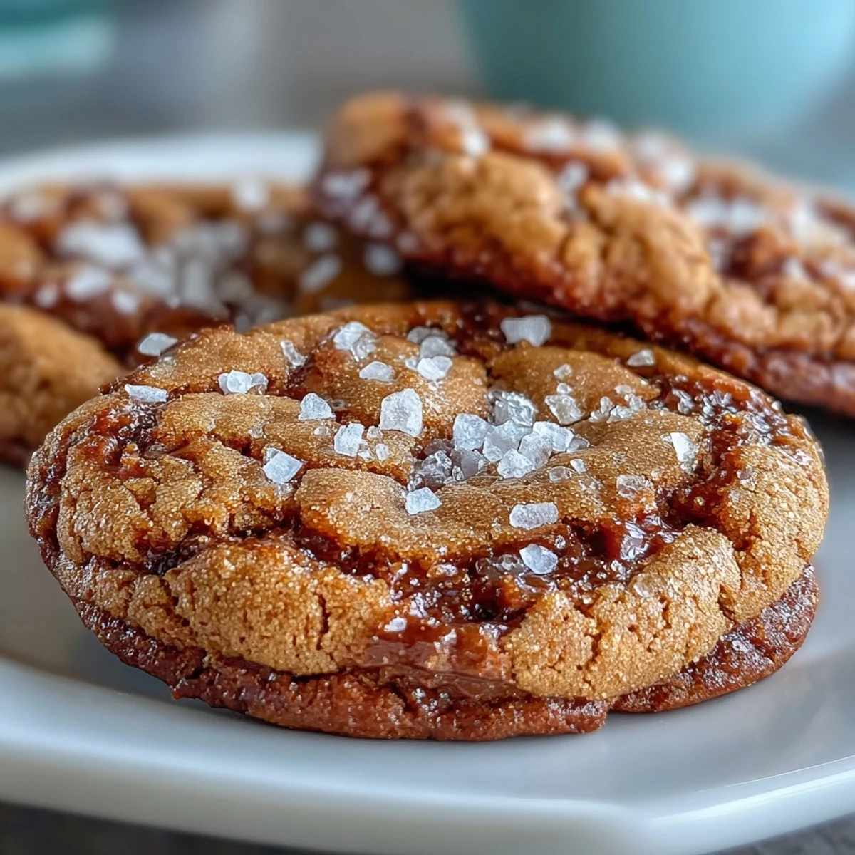 Golden-brown Hojicha Brown Butter Cookies with cracked tops and flaky sea salt on a cooling rack.