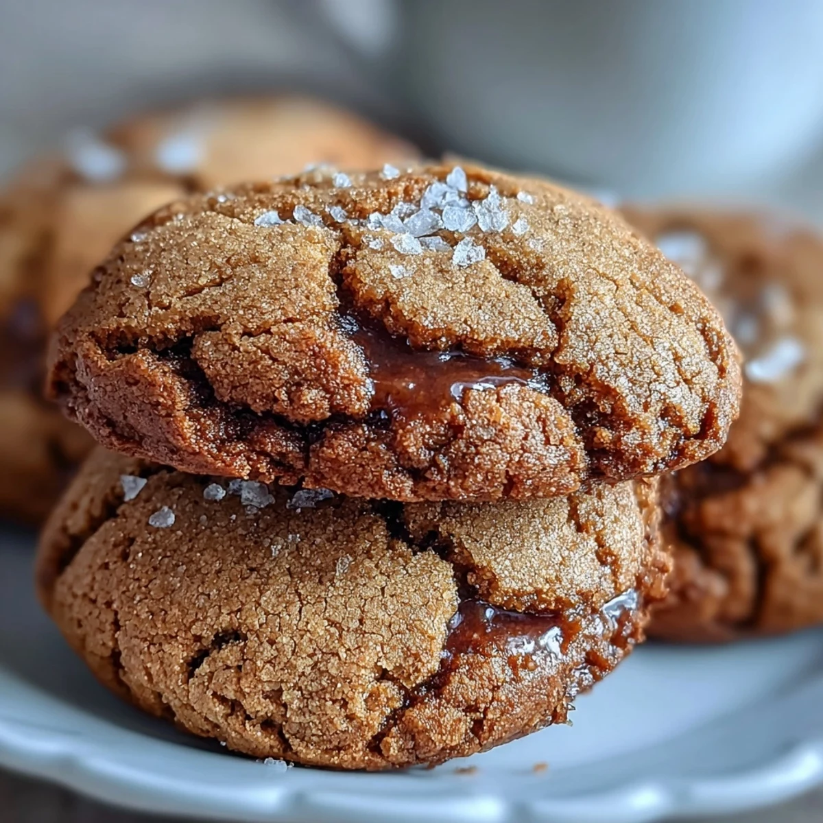 Stack of Hojicha Brown Butter Cookies drizzled with white chocolate, served beside a hot cup of tea.