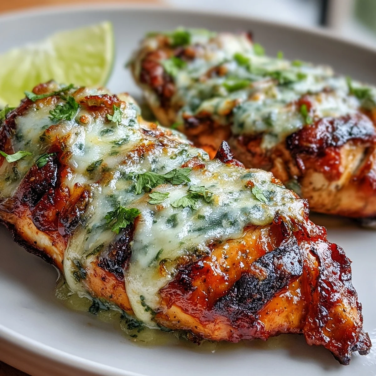 Smoky grilled chicken topped with creamy pepper Jack cheese and vibrant salsa verde.