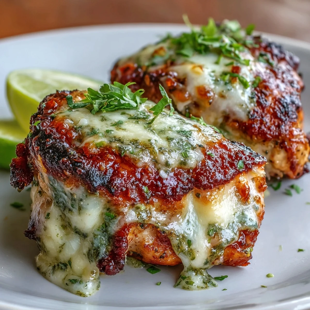 Grilled Salsa Verde Pepper Jack Chicken served with lime wedges and fresh cilantro.