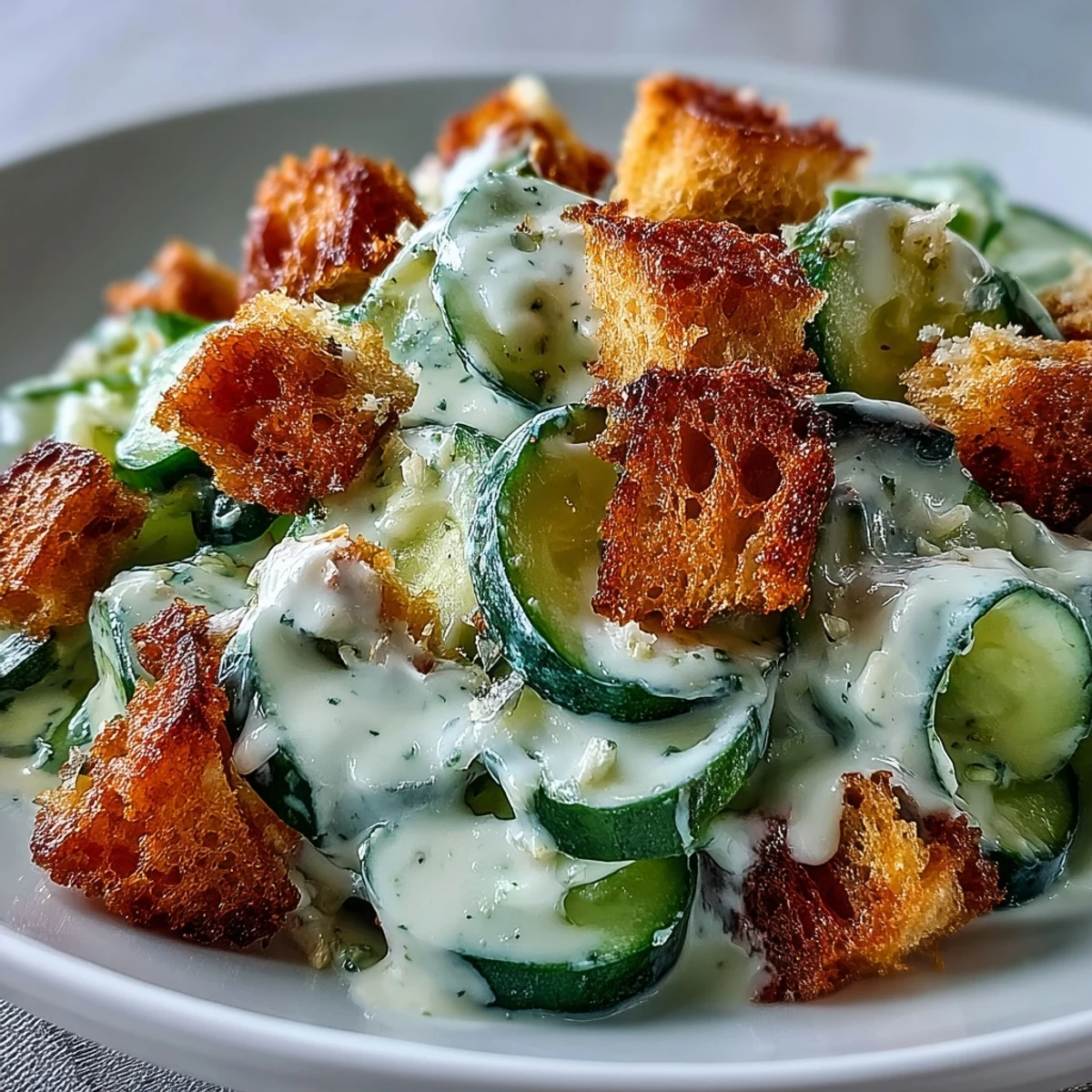 Cucumber Caesar Salad served in a white bowl garnished with herbs, a perfect light lunch or refreshing side dish.