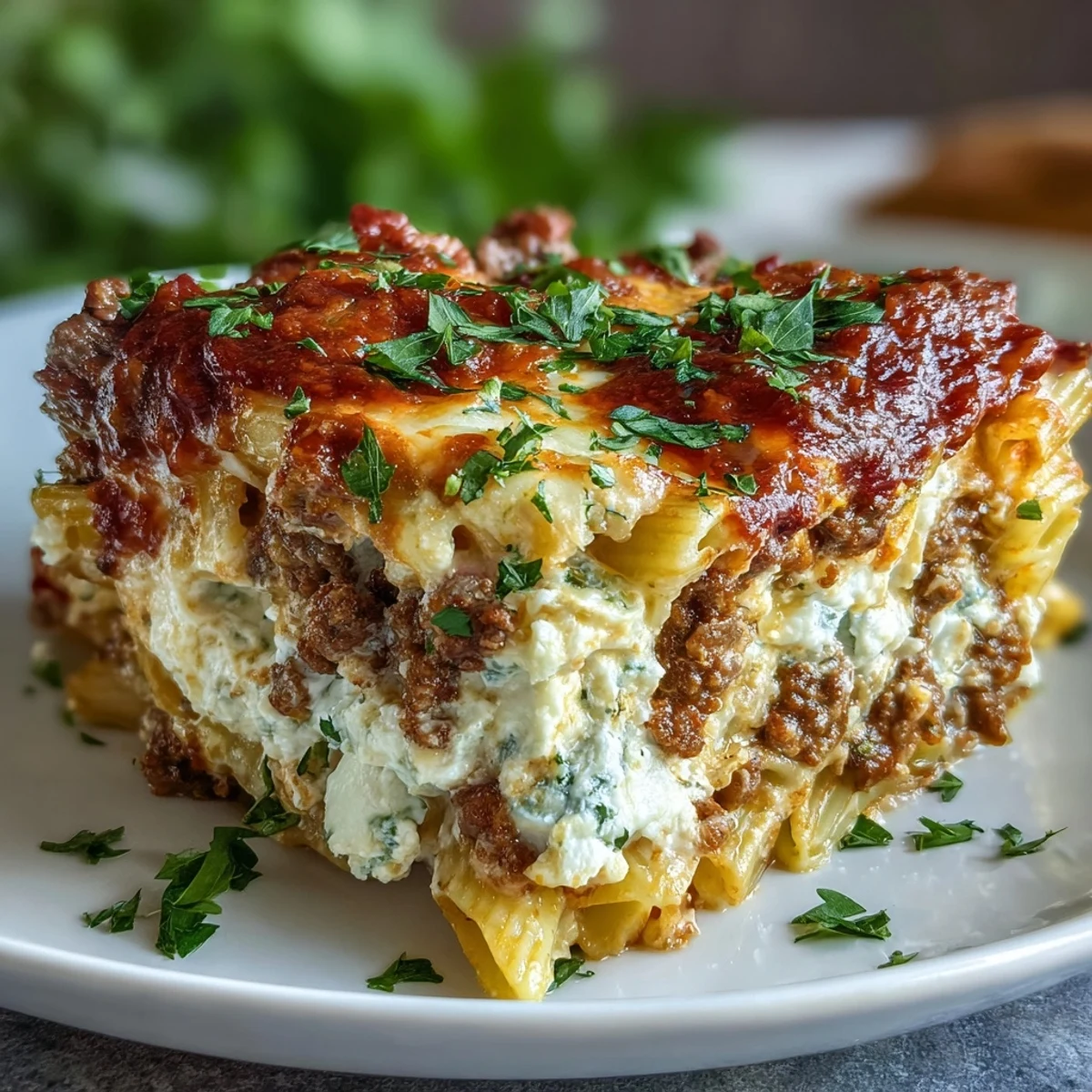 Golden, bubbling Cottage Cheese Protein Pasta Bake with Ground Beef emerges from the oven, served on a white plate with fresh parsley garnish. 