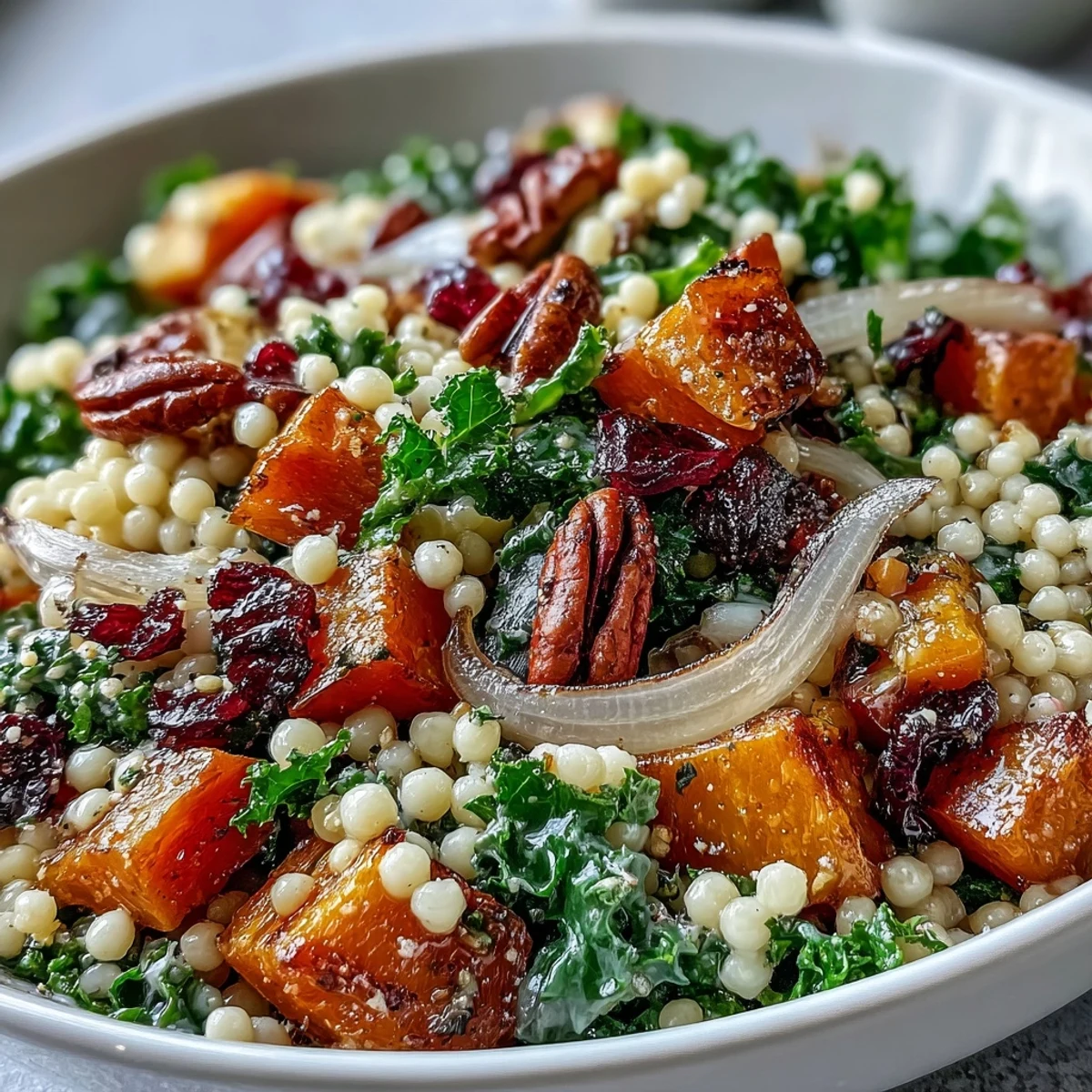 A festive vegetarian side dish of Honey Autumn Pearl Couscous Salad, tossed with a tangy honey-citrus dressing, red onion, and pecans.