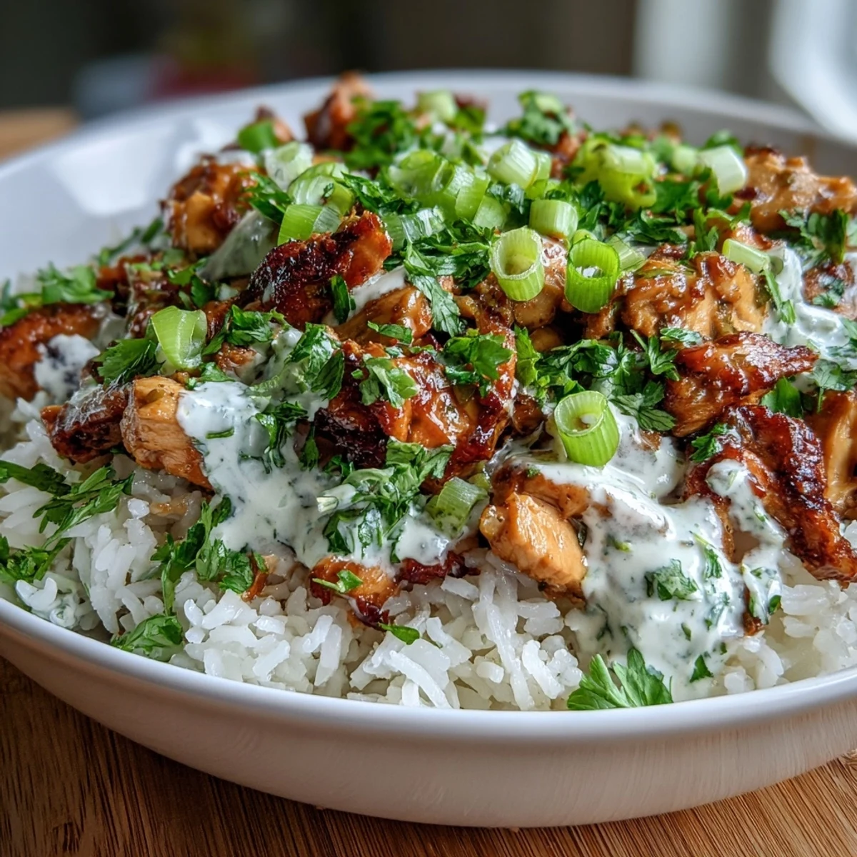 Freshly prepared Coconut Chicken Rice Bowl served hot, highlighting tender meat and fluffy grains.