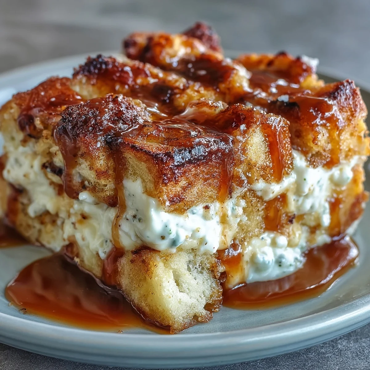 Golden squares of Caramel Cream Cheese French Toast Casserole topped with fresh berries