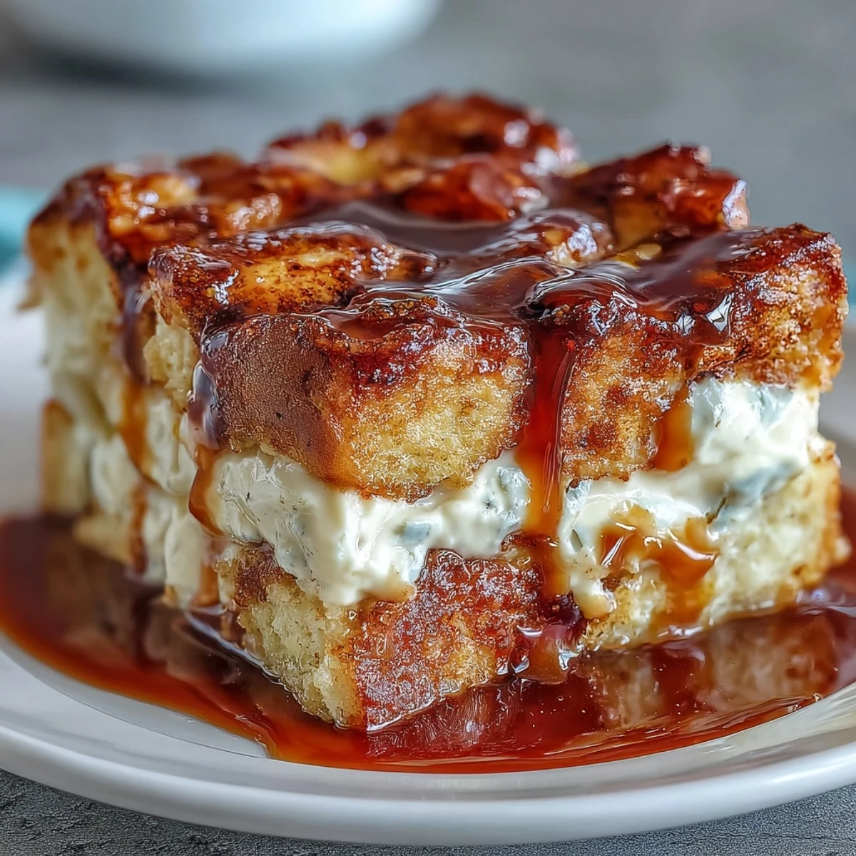 Thick brioche cubes in Caramel Cream Cheese French Toast Casserole drizzled with sweet sauce