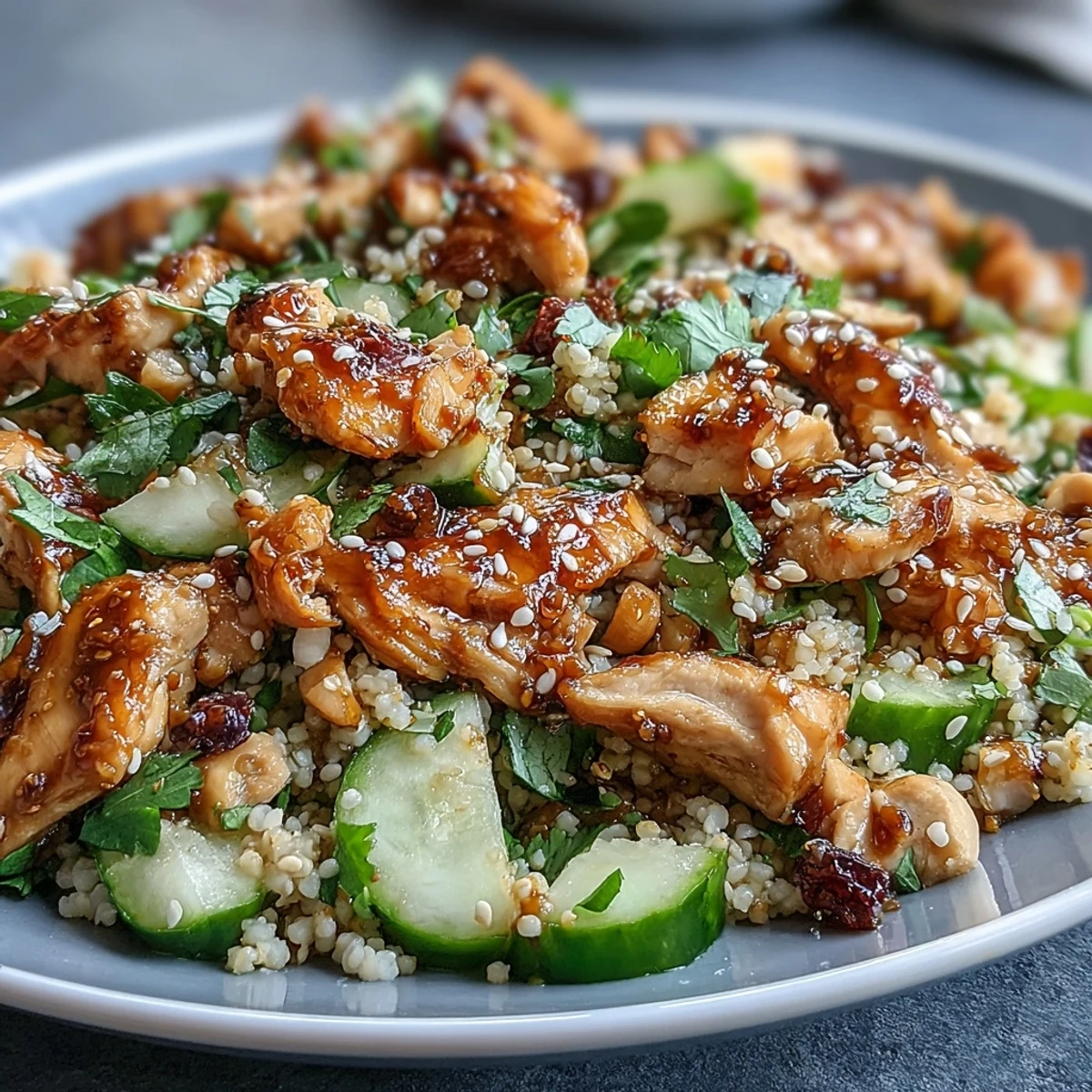 A close-up view of Asian Sesame Chicken Couscous Salad, featuring tender shredded rotisserie chicken, crisp cucumber slices, and fresh herbs tossed with pearl couscous.