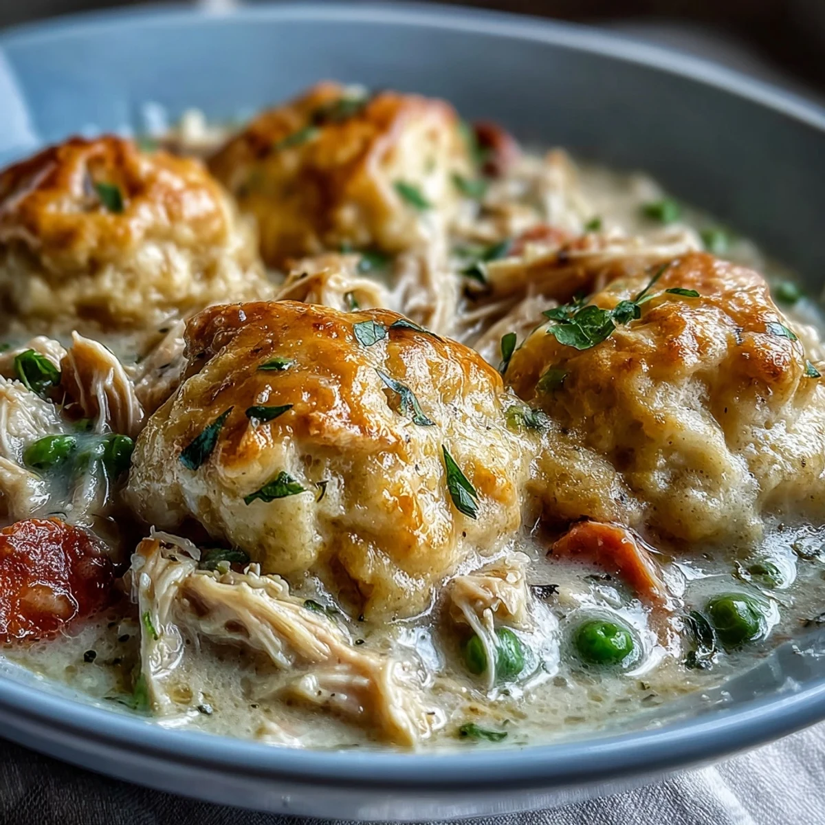Golden brown drop biscuits steam atop a creamy, ranch-seasoned chicken and vegetable stew, served in a rustic slow cooker.