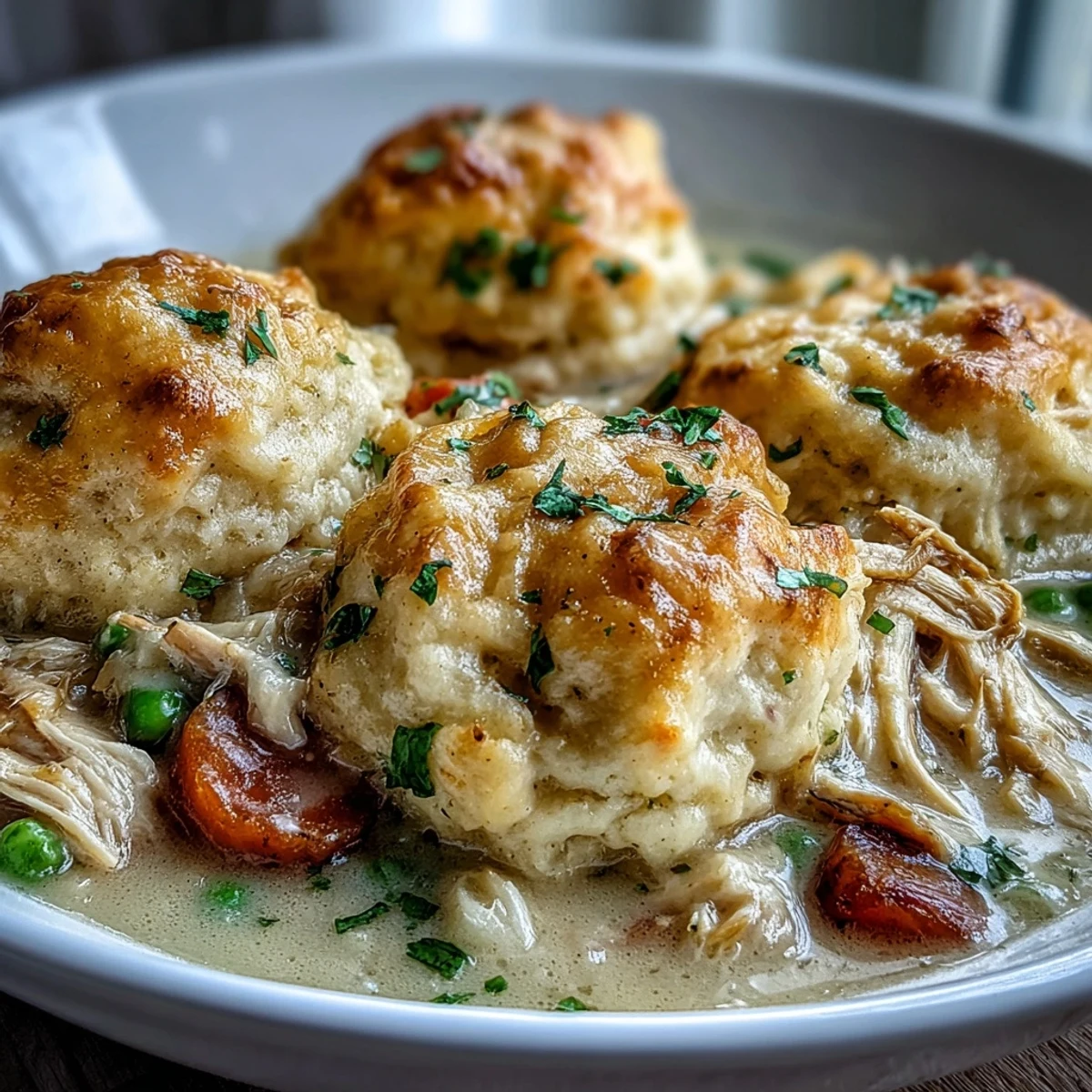 Tender shredded chicken and peas swim in a rich, creamy ranch broth, ready to be scooped into a warm bowl.
